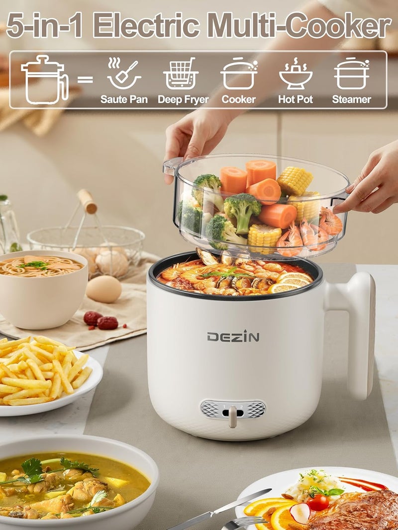 DEZIN Electric Pot with Steamer, 1.8L Dual Power Ramen Cooker, Portable Non-Stick Hot Pot Electric for Soup, Pasta, Egg, Oatmeal, Overheat & Boil-Dry Protection, Ideal for Dorm, Office(Beige) - Image 2